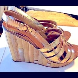 MIU MIU PRADA GOLD BAMBOO PLATFORM WEDGE STRAPPY 9